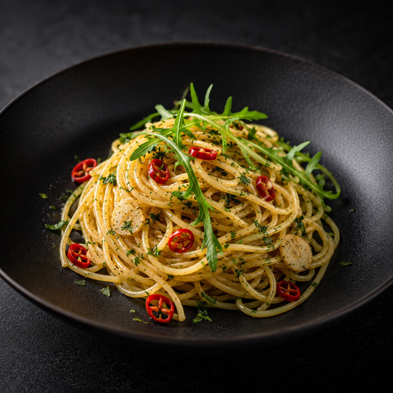 Spaghetti aglio e olio mit Petersilie, Rucola und Chili angerichtet